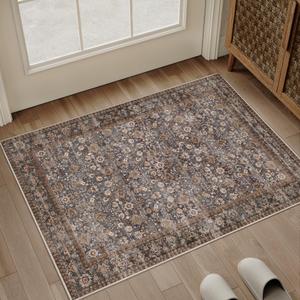 HUGEAR 2'6''x12' Brown Blue Vintage Floral Washable Runner Rug for Hallway