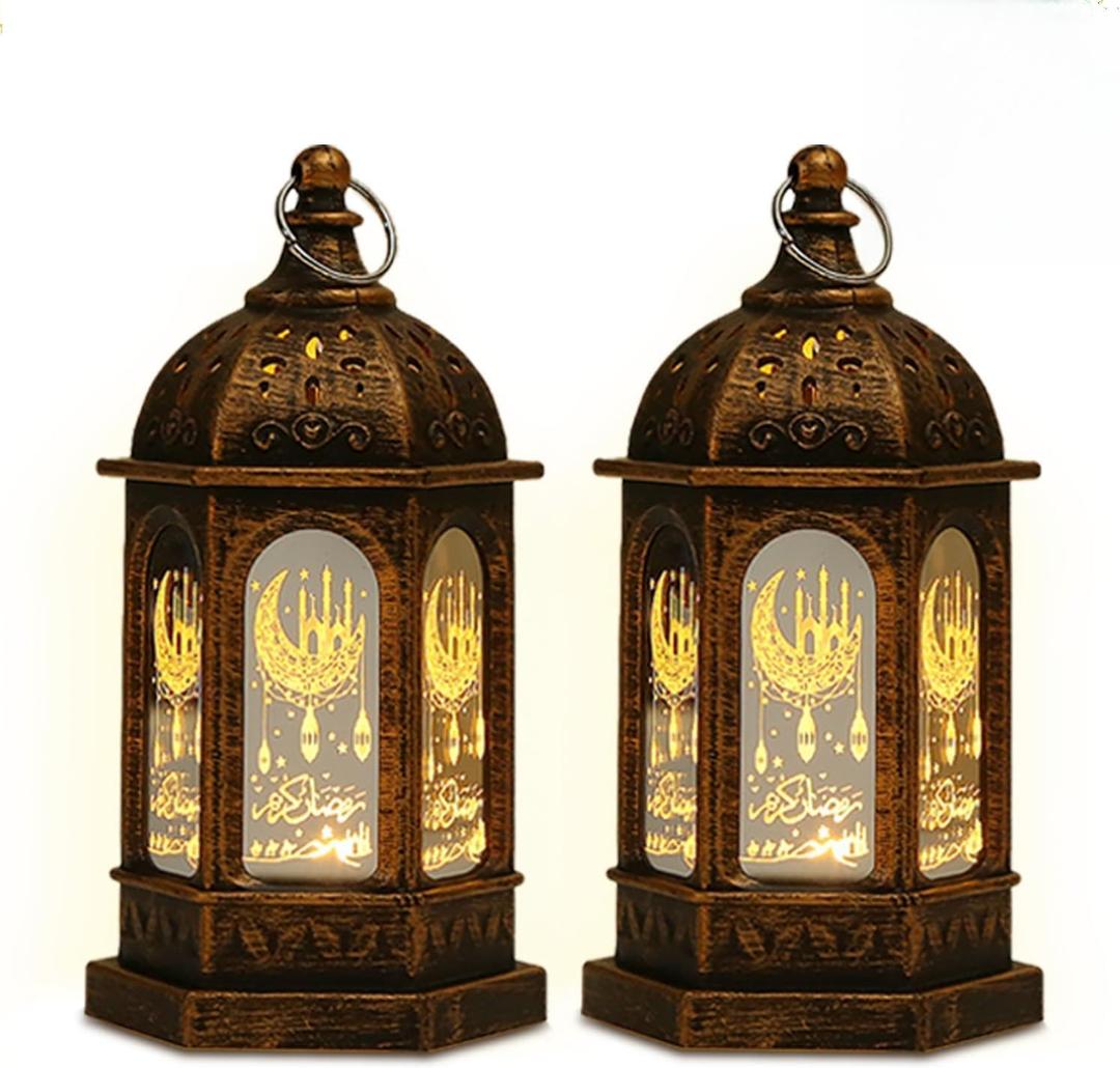 Lifnatty Eid Decorations, Ramadan Lantern Lights with Islamic Moon Star Decorations, Mini LED Hanging Lantern Decor, Eid Mubarak Decorations for Home Table Fireplace, Ramadan Eid Gifts 2 Pack (Brown)