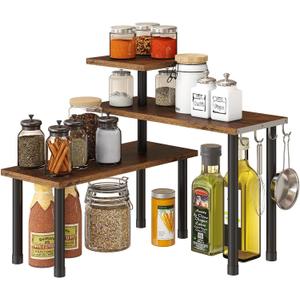 GHWIE Corner Shelf Organizer, 3 Tier Bamboo Kitchen Countertop Rack for Living Room, Office, Bookshelf Display Shelves, Space Saving Storage Shelves,Rustic Brown, 22 Inches X 22 Inches X 12 Inches