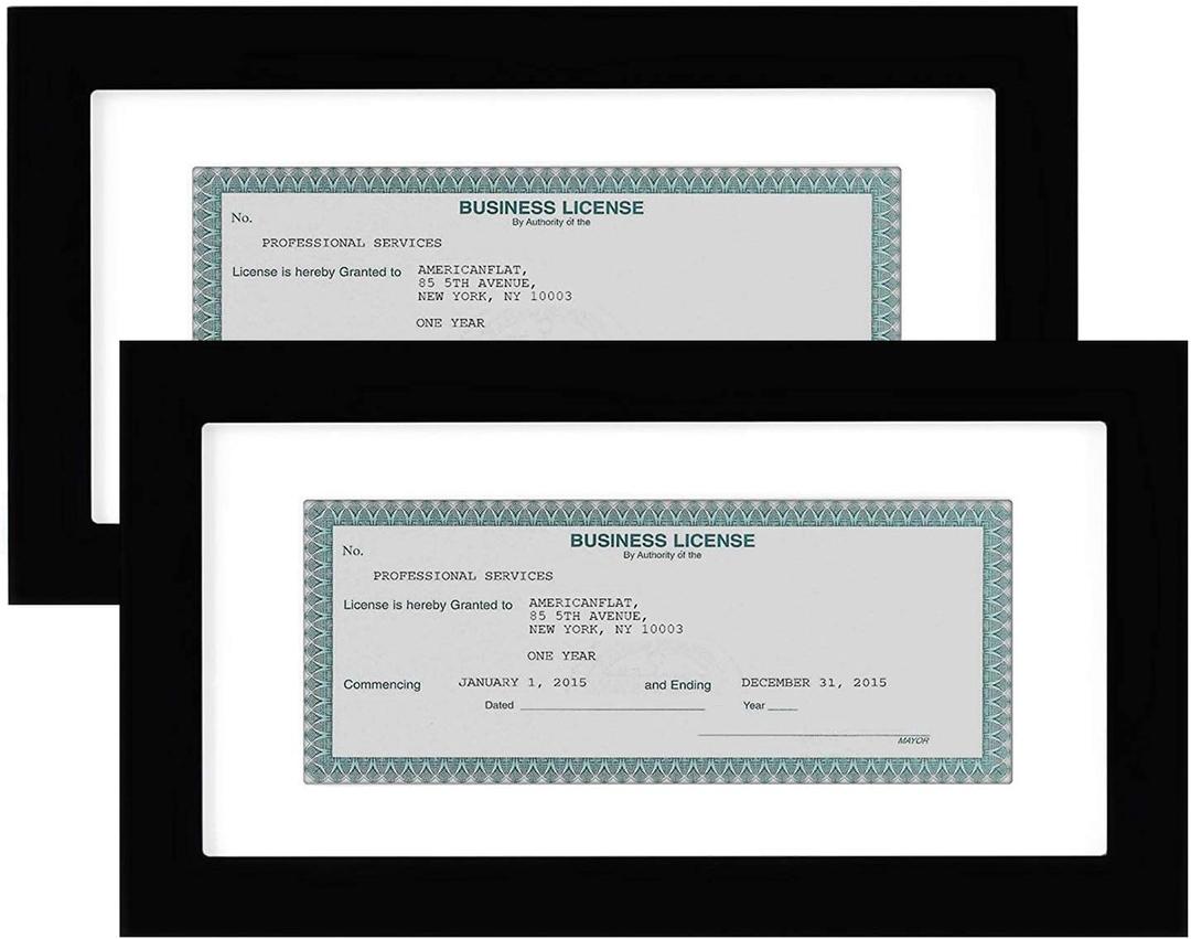 Americanflat 5x10 Business License Frame with Shatter-Resistant Glass - Set of 2 - Use as 3.5x8 Frame with Mat or Display 5x10 Document Without Mat - Legacy Collection - Black License Frames