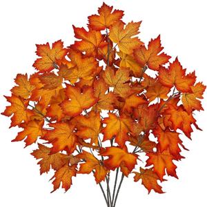 35.4 inch Artificial Orange Maple Leaves Branch Fake Maple Shrubs Faux Fall Branches for Home Floral Arrangement Autumn Festival Thanksgiving Fall Leaf Decor-5 Pack
