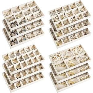 Junkin 12 Pcs Jewelry Tray Velvet Stackable Jewelry Organizer Trays Divided Earring Accessories Storage Containers Box (Rose Red)