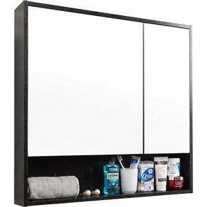 ALIMORDEN Medicine Cabinet with Mirror and Shelves, Oversized Bathroom Wall Storage Organizer Over The Vanity, Toilet, Recessed or Surface Mount, 30.4" L x 29.5" H, Black