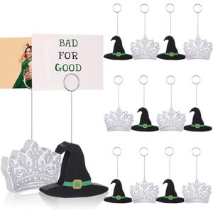 Fullhawl 10 Pcs Witch And Princess Table Number Holders, Witch Theme Party Favor Wooden Hat and Crown Photo Card Holder Name Card Picture Stand for Pink and Green Birthday Decor