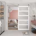 BARNSMITH 48in x 96in Glass Barn Door and 8FT Nickle Sliding Door Hardware Included, 5-Panel Sliding Barn Door, Solid Wood Covered with Water-Proof PVC Surface, Easy Assembly, White