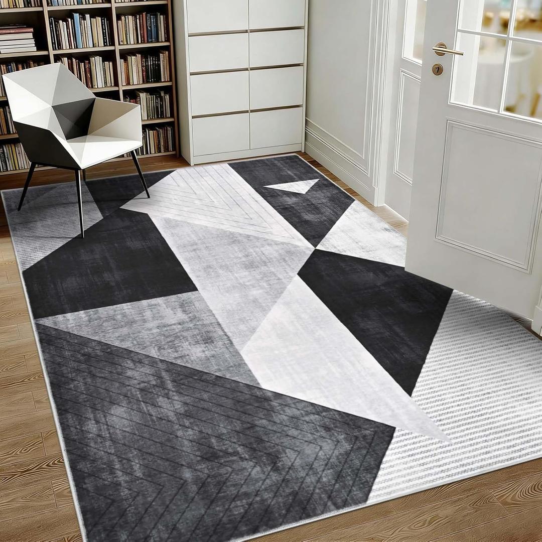3x5 Area Rug Bedroom, Black Grey White Modern Geometry Area Rugs, Soft Machine Washable Contemporary Floor Carpet for Indoor, Non-Slip Square Low Pile Area Mat for Office Kitchen Decor