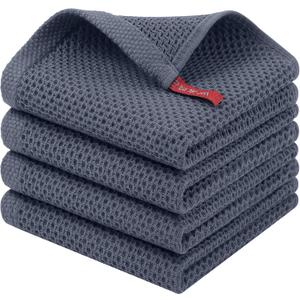 Homaxy 100% Cotton Waffle Weave Kitchen Dish Cloths, 4-Pack Ultra Soft Absorbent Dish Towels, Quick Drying Dish Rags, 12 x 12 Inches, Dark Grey