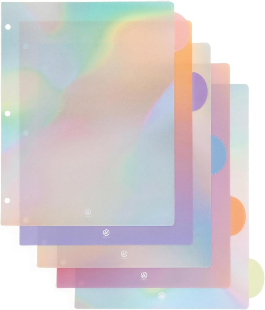 U Brands 5 Tab Poly Plastic Binder Dividers for 3 Ring Binder, 11" x 9.2", Lucent Dreams Pastels, Letter Size, Office Supplies