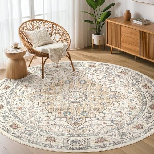 Round Rug Living Room Rugs: 6Ft Washable Boho Neutral Large Circle Soft Indoor Floral Stain Resistant Floor Farmhouse Carpet for Bedroom Nursery Kids Playroom Office Dining Room Dorm Home- Cream Blue