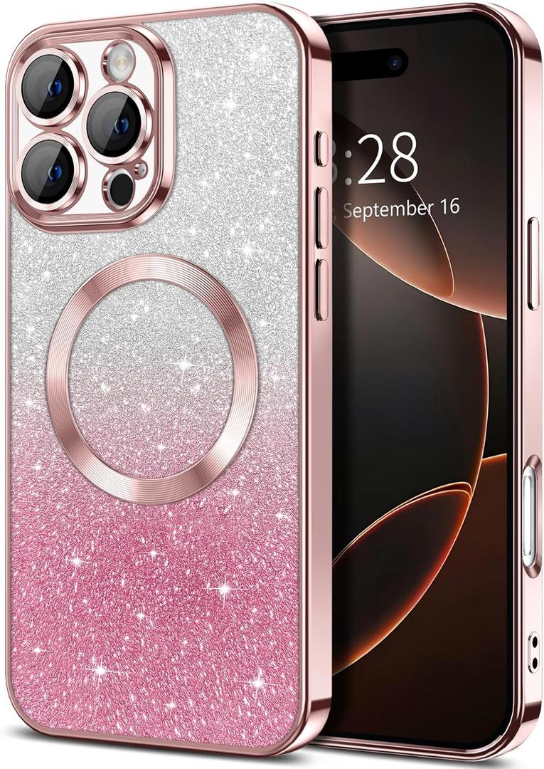 Hython for iPhone 16 Pro Max Case Clear Magnetic Glitter Phone Cases [Compatible with MagSafe] Full Camera Lens Protector Slim Gradient Sparkle Luxury Plating Shockproof Protective Cover Women, Pink