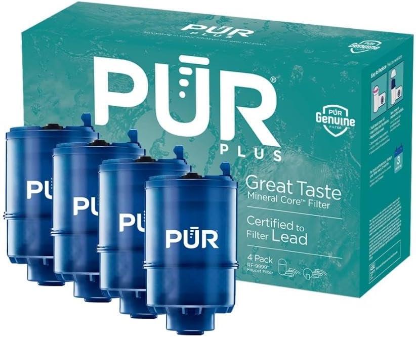 PUR Plus Faucet Mount Replacement Filter 4-Pack, Genuine PUR Water Filter for Sink Faucet, 3-in-1 Mineral Filtration, Lead Reducing, 1-Year Value, Blue (RF99994)
