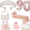 90th Birthday Decorations Gifts for Women, Including 90 year old Birthday Cake Topper, Queen Sash with Pearl Pin, Sweet Rhinestone Tiara Crown, Number Candles and Balloons Set, Rose Gold