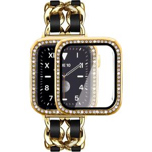 Mosonio Compatible for Apple Watch Band 40mm with Screen Protectors Case Women, Jewelry Bracelet Metal Bands with 2-Pack Bling Case Cover for 40mm iWatch Series SE 6 5 4(Gold Link with Black Leather)