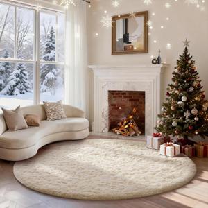 Ophanie Round Rugs 5Ft Ivory Circle Area Rug, Nursery Room Decor, Christmas Aesthetic Bedroom Home Circular Carpet 5 Foot, Fluffy Fuzzy Shag Plush Cream Living Room Rugs for Kids Boys Girls Teen Baby