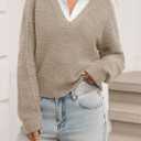 Saodimallsu Womens V Neck Pullover Sweaters Casual Knit Long Sleeve Loose 2025 Fall Cropped Tops (M)