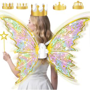 Gold Fairy Wings for Kids and Girls, Light-up Electric Sparkling Wings Princess Halloween Set with Wand, Crown, Butterfly Wings  Ideal for Cosplay, Party, Birthday, Christmas