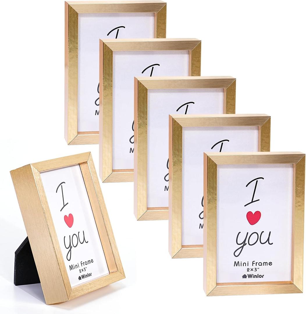 Small Picture Frames, Mini Size Baby Photo Frame, 2x3'', Set of 6, For Tabletop Home Decor, Polaroid Picture Frame with Soft Magnet, Cute X-Mas Refrigerator Magnets, Gold