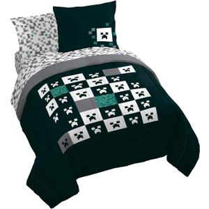 Jay Franco Minecraft Creeper Queen Comforter Set - 7 Piece Gamer Bedding Includes Sheet Set & Pillow Covers - Super Soft Checkered Bedding (Green - Minecraft 01)