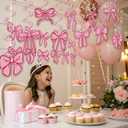 Pink Bow Birthday Decorations,Bow Banner and Hanging Swirls Decor for Coquette Baby Shower Bridal Bachelorette Party Decor