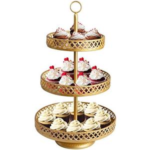 weharnar Cupcake Stand - 3 Tier Metal Cupcake Tower - Dessert Table Display Set Round Cake Holder Tiered Serving Tray for Cup Cakes Desserts Fruits Candy Cookie Buffet, Gold