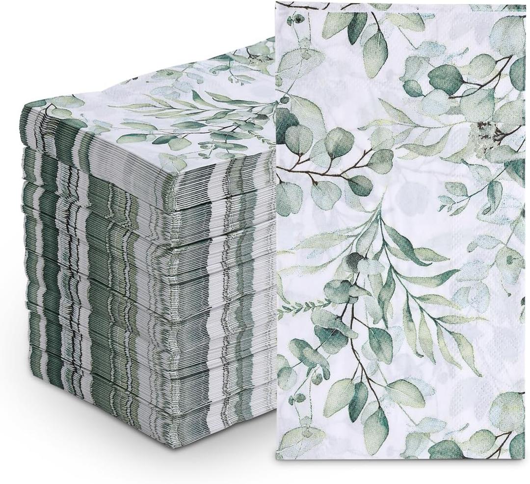 100Pcs Disposable Greenery Guest Napkins Paper Disposable Hand Towels Green Leaves Decorative Paper Dinner Hand Napkin for Bathroom Baby Shower Party Supplies Table Decor