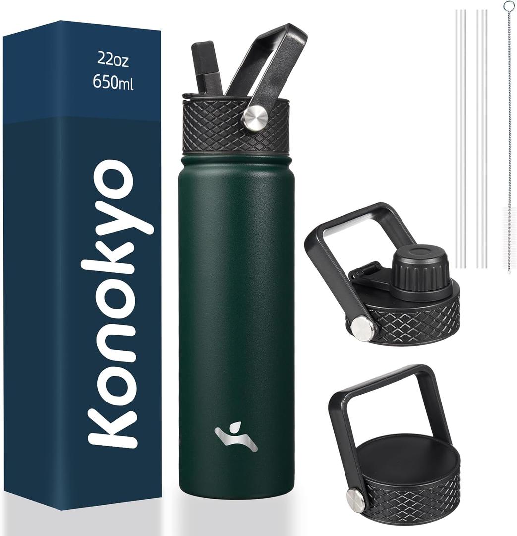 22oz Stainless Steel Bottles with 3 Lids Sport Insulated Water Bottle, Army Green