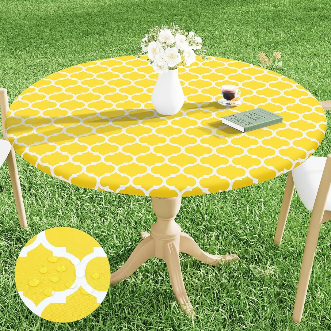 Smiry Round Picnic Tablecloth, Waterproof Elastic Fitted Table Covers for 45" - 56" Tables, Wipeable Flannel Backed Vinyl Tablecloths for Camping, Indoor, Outdoor, Yellow & White