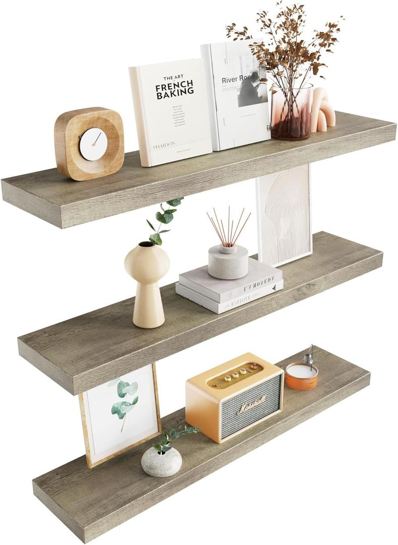 Colima Floating Shelves for Wood Shelf for Bedroom, 36 Inch Wall Mounted Floating Shelves for Bathroom Living Room Kitchen Office, 1.5" Thick Floating Book Shelves for Wall, Set of 3 Brown