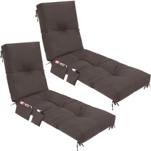 2 Pcs Outdoor Chaise Lounge Cushions with 3 Side Pocket 76x22x6 Inch Waterproof Long Deck Reclining Chair Cushions Fade Resistant Replacement Cushion for Furniture Lawn Pool (Brown,Solid Color)