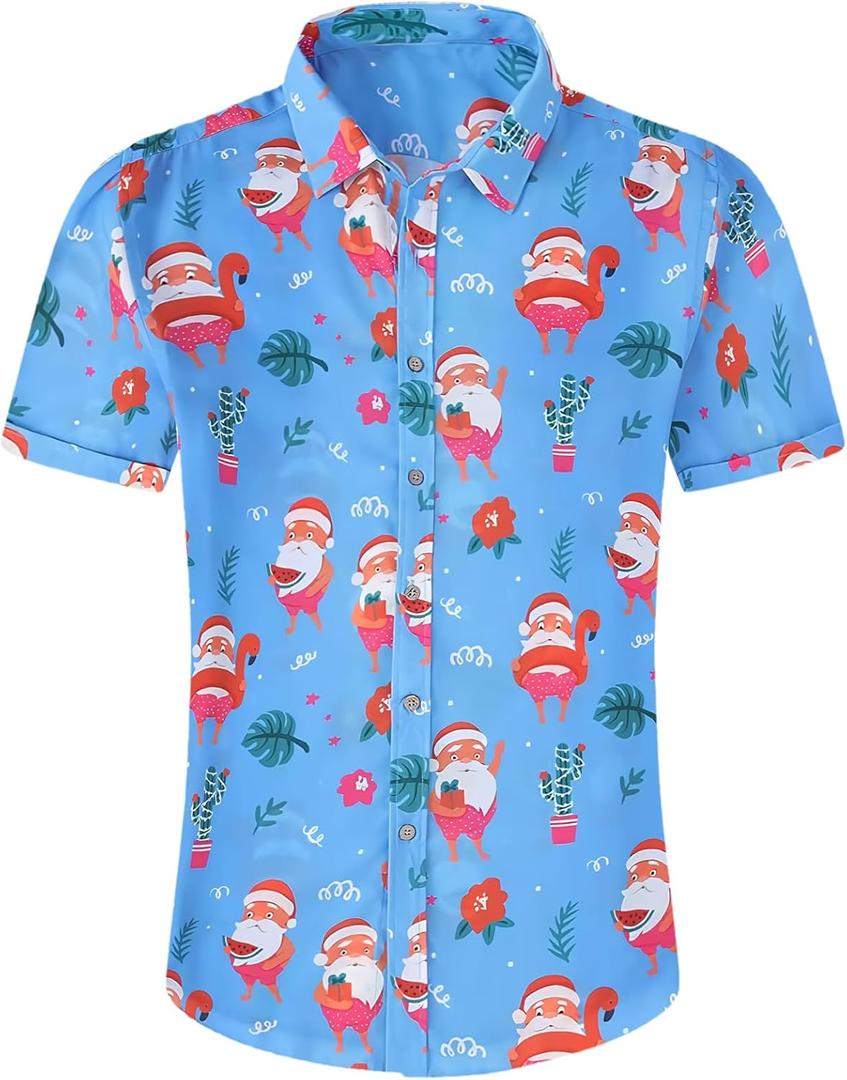 Men's Hawaiian Shirt Funky Blue Beach Printed Tropical Beach Shirt Casual Button Down Short Sleeve Floral Shirts Tops