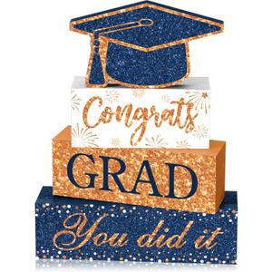 4 Pcs Graduation Table Decor 2026 Congrats Grad Centerpiece Class of 2026 Wood Sign Graduation Tiered Tray Decor Farmhouse Congratulate Gifts for Home Shelf Party Decorations(Blue Orange)