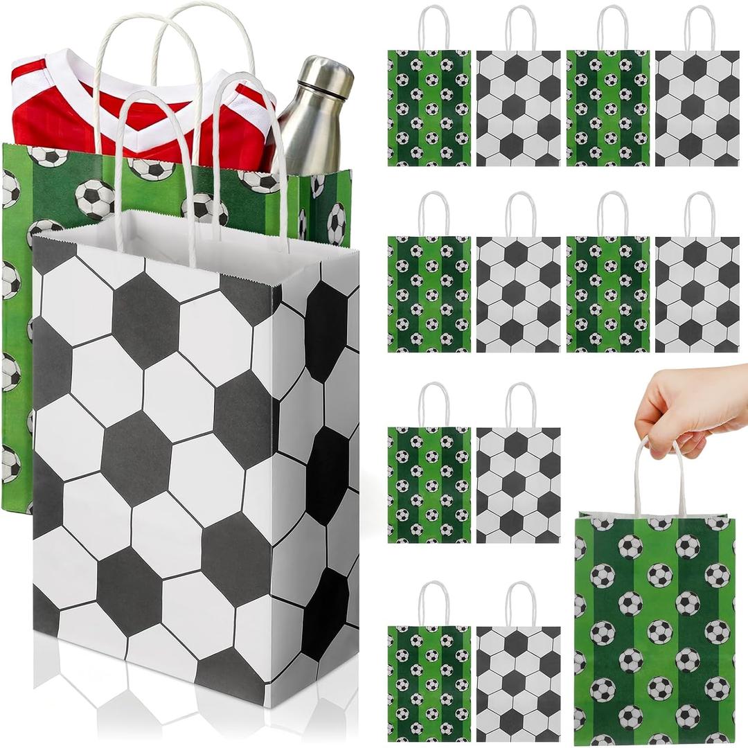 DOITOOL 24 Pcs Soccer Party Favor Bags, Soccer Gift Bags with Handles, Football Goodie Bags Paper Treat Candy Bags for Kids Adults Soccer Party Supplies, Sports Theme Decorations (2 Style)