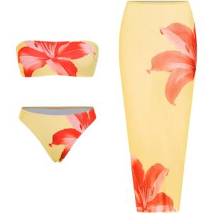 ZAFUL Womens 3pcs Swimsuit Floral Print Bandeau Bikini Set Triangle Bottom with Long Sheer Cover Up Skirt (Large, Yellow)