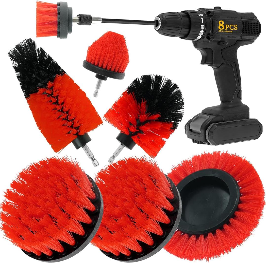 8 Pcs Drill Brush Attachment Set, Power Cleaning Scrub Brush Kit with Extend Long Attachment, All Purpose Drill Scrub Brushes for Car, Grout, Floor, Tub, Bathroom and Kitchen (red)