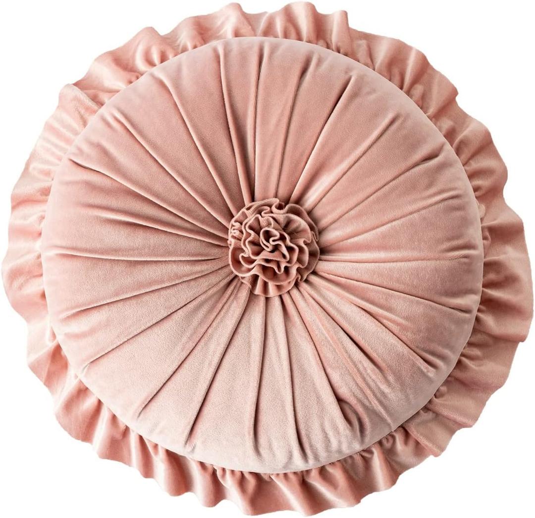 S SSOY Velvet Round Pillow - Ruffle Home Decoration, 13.7 In (Pink)
