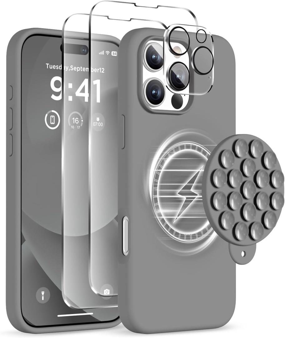 Magnetic for iPhone 16 Pro Case, Compatible with Magsafe, Suction Cup Phone Mount, 2 Screen Protectors - Camera Protector, Silicone Shockproof Protective Phone Cover 6.3", Gray