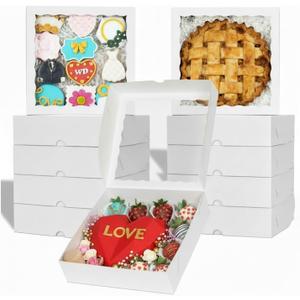 TEMLQPACK 36pcs 10x10x2.5 Inches White Bakery Boxes with Window, Pie, Cookies, Chocolate Covered Strawberries, Breakable Heart, Charcuterie Boxes for Christmas
