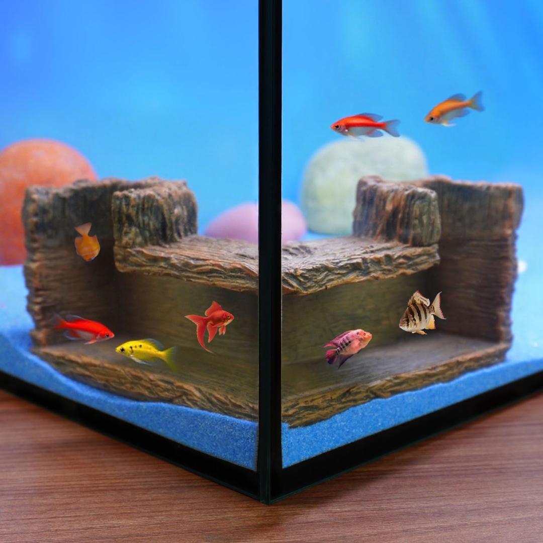 90 Corner Fish Cave Viewing Tunnels | Realistic Driftwood Stump Hideout for Shrimp, Betta, Corydoras | BPA-Free Premium Resin, Safe for Aquarium (5.1x5.1x2.8)