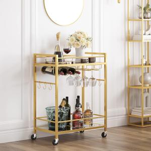 TUTOTAK Bar Cart, Serving Cart for Home, Drink Cart, Mobile Kitchen Shelf with Rack and Glass Holder, Rolling Beverage Cart, Gold BC01BB031
