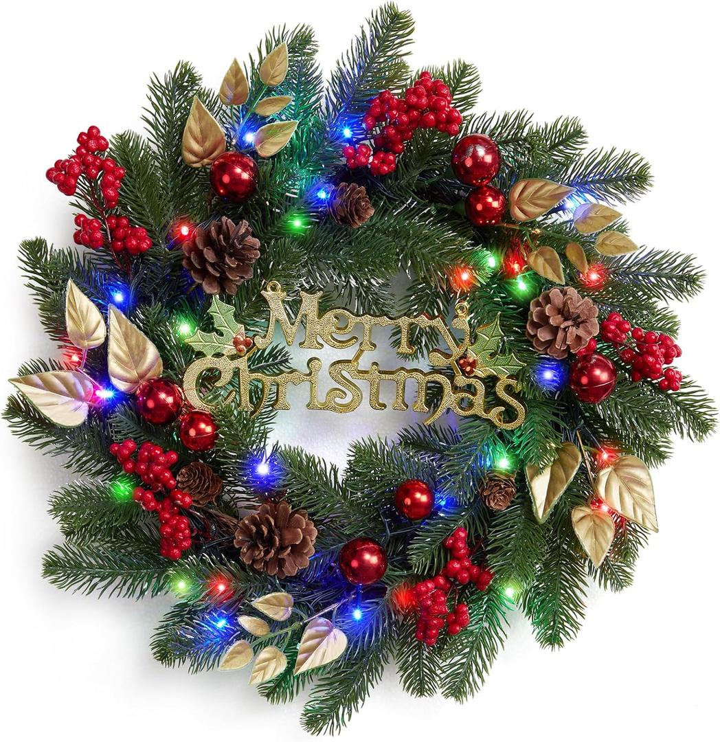 18 Inch Christmas Wreaths for Front Door, Lighted Outdoor Christmas Wreath with 40 LED Lights Timer Pine Cones for Window Fireplace Winter Xmas Decorations, Battery Operated