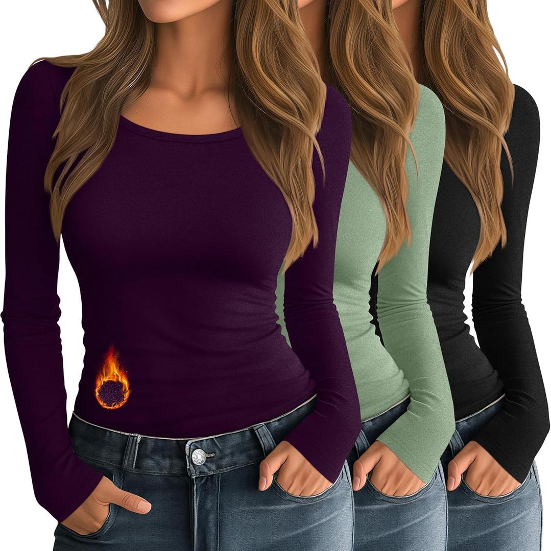 Neer 3 Pack Women's Thermal Shirts Long Sleeve Crew Neck Fleece Lined Undershirts Slim Fit Basic Tops Winter Base Layer (Medium, Black, Purple, Dark Bean Green)