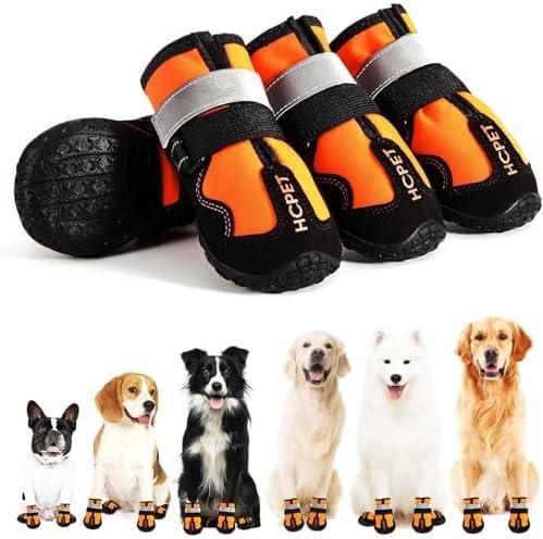 Hcpet Dog Shoes, Dog Boots for Large Dogs, Waterproof Dog Booties Paw Protector for Summer Hot Pavement, Winter Snowy Day, Outdoor Walking, Indoor Hardfloors Anti Slip Sole Orange Size 6