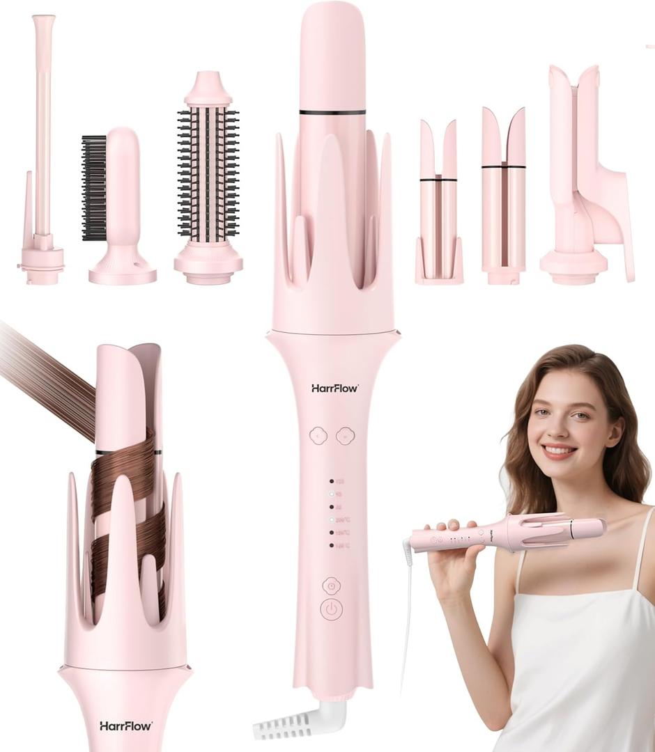 7 in 1 Automatic Curling Iron Interchangeable Barrels -0.5",1", 1.25", 1.5" Curling Wand, Hair Crimper & Straightening Brush,& Rotating Curler, 300M Negative Ions & Dual Voltage, Home & Travel