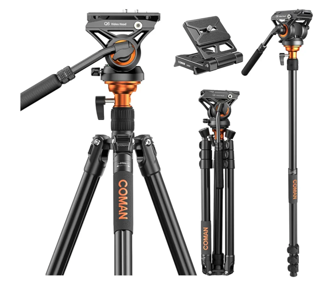COMAN 73" Camera Tripod with Fluid Head, Detachable Compact Tripod with Monopod Aluminium Alloy and Quick Release Plate for DJI Canon Nikon Sony DSLR Camera Max Load 22.04lbs/10kg (FF06S)
