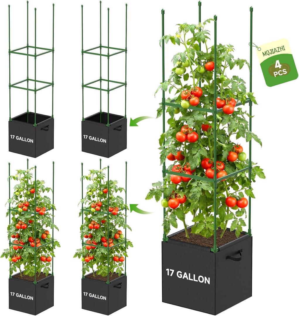 4 Pack Tomato Cages, 55inch Square Tomato Trellis with 17 Gallon Grow Bags, Tomato Plant Support Stakes for Garden Climbing Vegetables Flowers Fruits