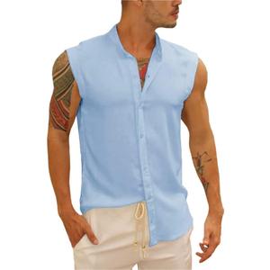Bbalizko Mens Sleeveless Button Down Shirts Linen Cotton Summer Beach Basic Tank T-Shirt Tops (Medium)
