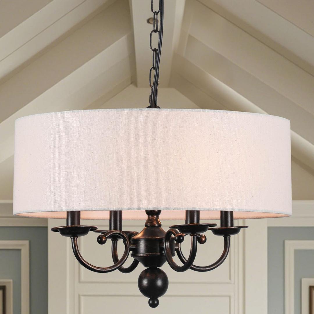 Modern Drum Chandelier Light Fixture 4-Light Black Drum Chandelier with Linen Shade 17.75" Chandelier for Dining Room, Living Room, Bedroom, Kitchen Island, E12
