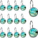 Decorative Blue Green Glass Shower Curtain Hooks Glass Curtain Rings,Stainless Steel Rust Bathroom Hooks for Bathroom Bedroom Kitchen Home Bath Room Rods Decor 12Pcs