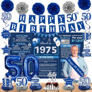 Crenics 50th Birthday Decorations for Men or Women - Back in 1975 Backdrop, Banner, Swirls, Honeycomb, Sash, Cake Topper and Balloons for 50 Birthday Party Supplies