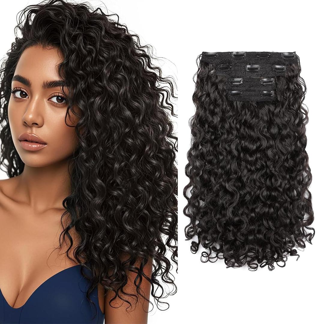 REECHO Curly Hair Extensions - 4PCS 14" GoGo Curly Clip in Hair Extensions 100% Super Protein Hairpieces with Invisible Lace Weft Silky Soft Natural Look for Women - Black Brown